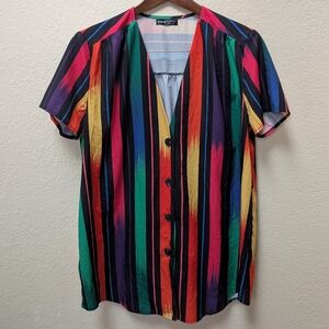 Funky Rainbow Short Sleeve Button down V Neck Blouse. Size Large